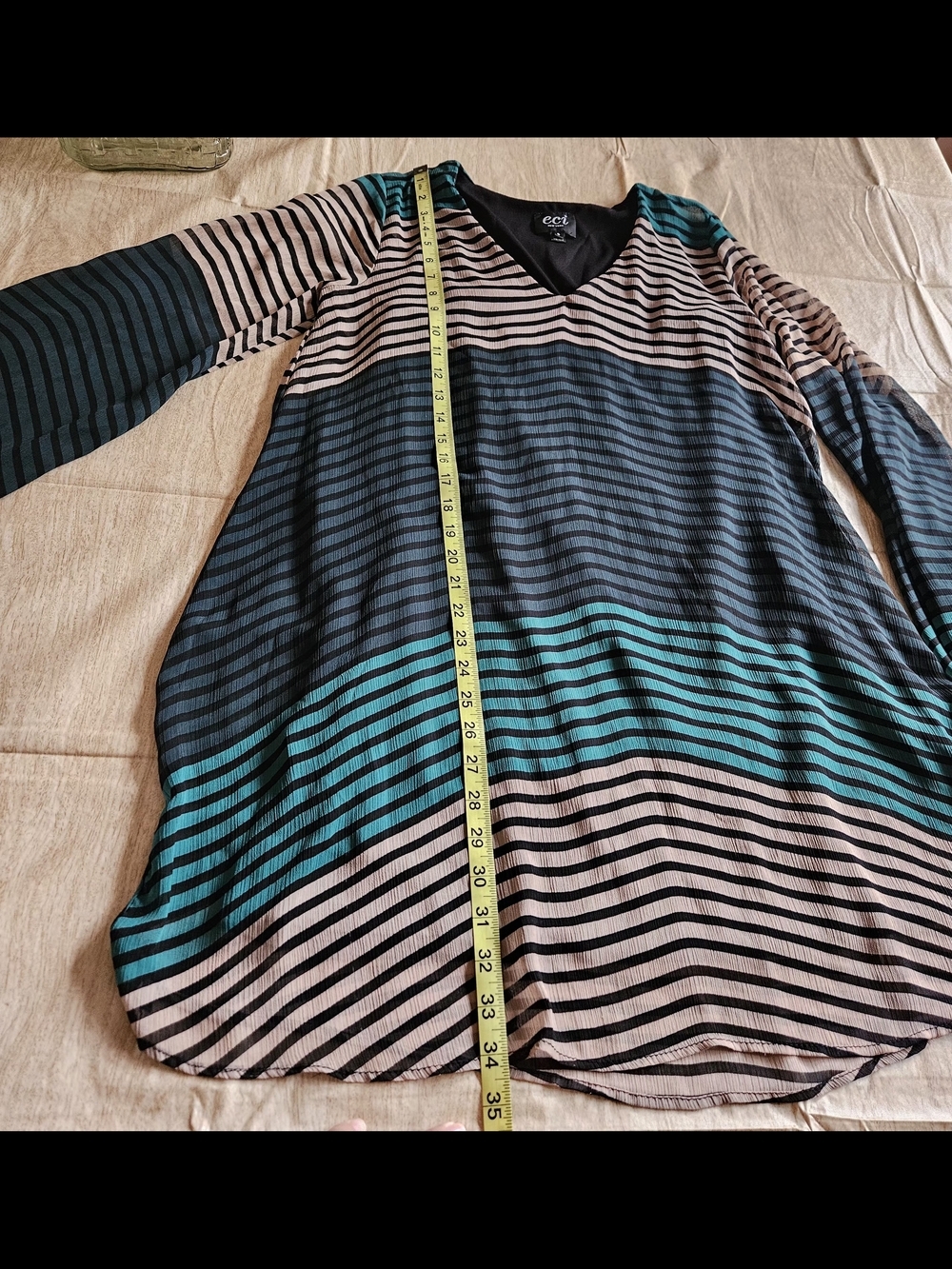 ECI New York Shift Dress Size 8 Striped V-Neck Bell Sleeve Sheer Overlay Teal - Picture 12 of 15
